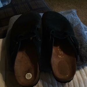 Birkenstock black suede clogs